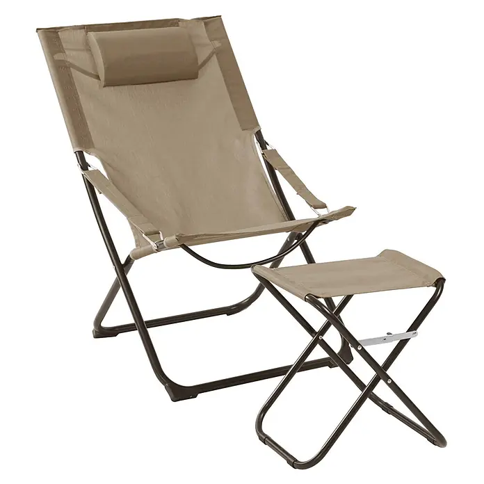 SVITA Garten-Liegestuhl TOMRA mit Hocker - 50 % Kunststoffgewebe, 50 % Stahl, Taupe, B x T x H: 61 x 77 x 93 cm - Beiger Klappliegestuhl mit Kopfstütze und passender Fußstütze, dunklem Metallrahmen.