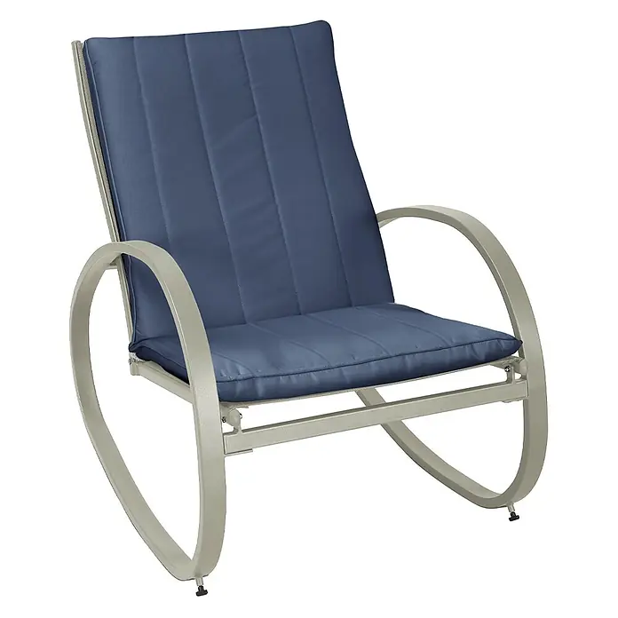 SVITA Garten-Schaukelstuhl EIBY DELUXE - 1 Stk., 50 % Polyester, 50 % Stahl - Grauer Metall-Schaukelstuhl mit blauen gepolsterten Kissen.