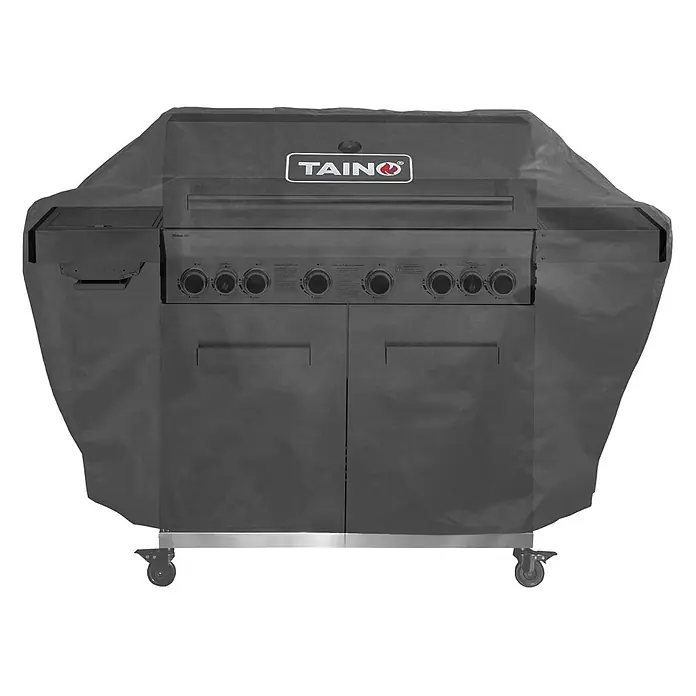TAINO Grill-Schutzhülle Abdeckhaube 165x55x105cm (BxTxH) - Schwarz - Dunkelgraue Stoff-Grillabdeckung schützt einen großen Gasgrill mit mehreren Brennern und Schranktüren.