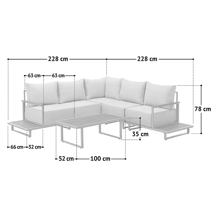 SVITA Loungemöbel-Set MALIBU Modulare Outdoor Lounge - 6 -tlg., 50 % Polyester, 50 % Stahl, Beige, Grau - Modulares L-förmiges Outdoor-Sofa-Set mit weißen Kissen, Metallrahmen und Couchtisch, detailliert bemaßt.