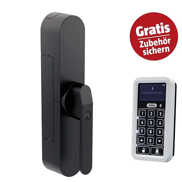 Abus Funk-Türschlossantrieb Wintecto one FCA4100 BK - Geeignet für: Fenster, Schwarz, Bedienung: Über App - Schwarzes digitales Türschloss und weißes Tastenfeld mit ABUS-Logo, plus rotem 'Gratis Zubehör sichern' Aufkleber.