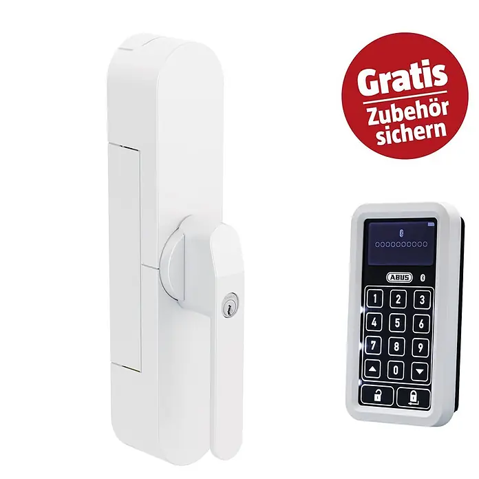 Abus Funk-Türschlossantrieb Wintecto one FCA4100 W - Geeignet für: Fenster, Weiß, Bedienung: Über App - Weißer smarter Türgriff mit Schlüsselloch und separatem schwarz-weißem ABUS Tastenfeld mit beleuchteten Ziffern und Schlosssymbolen.