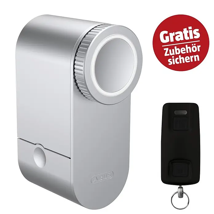 Abus Elektronisches Türschloss LOXERIS CFA4100 S - Bedienung: Über App, Geeignet für: Türen, Silber - Silberner smarter Schließzylinder mit gerändeltem Ring und schwarzer Fernbedienung.