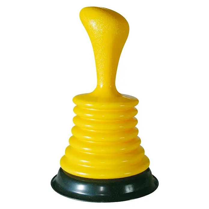 Desatascador fuelle mini - 115 mm - Desatascador amarillo con base de ventosa negra, diseñado para limpiar desagües atascados.