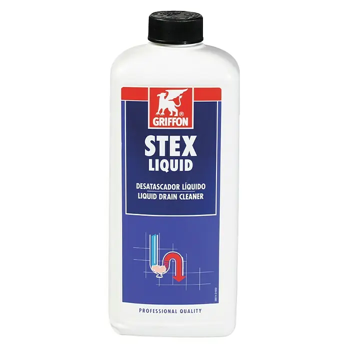 Desatascador líquido Stex - 1.000 ml - Imagen de una botella de limpiador de desagües líquido STEX de Griffon, una solución profesional para la limpieza de desagües.