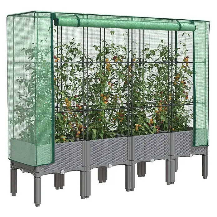 Furnicato Hochbeet Inklusive Gewächshaus-Aufsatz - 160 x 40 x 110 cm, Kunststoff, Hellgrau - Graues Hochbeet im Rattan-Look mit Beinen und integrierter grüner Netz-Gewächshausabdeckung schützt Tomatenpflanzen mit Rankgittern.