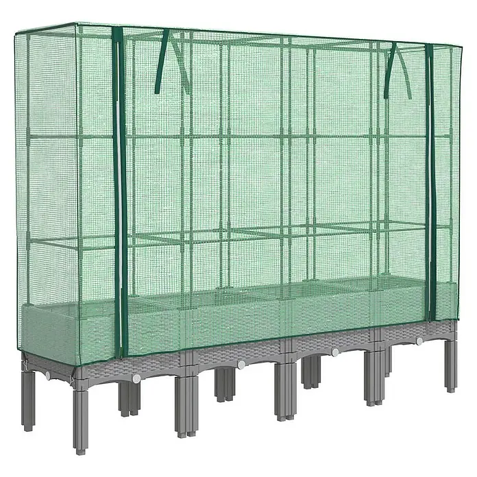 Furnicato Hochbeet Inklusive Gewächshaus-Aufsatz - 160 x 40 x 110 cm, Kunststoff, Hellgrau - Langes graues Hochbeet mit grünem, transparentem Gewächshausabdeckung auf Beinen zum Pflanzenschutz.