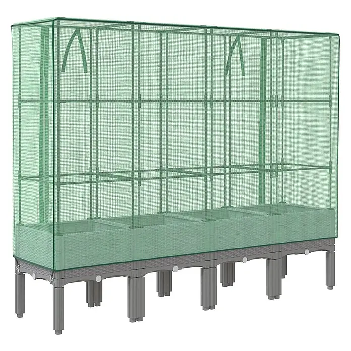 Furnicato Hochbeet Inklusive Gewächshaus-Aufsatz - 160 x 40 x 110 cm, Kunststoff, Hellgrau - Grünes Hochbeet mit schützender Gewächshausabdeckung aus Netzstoff und grauen Beinen.