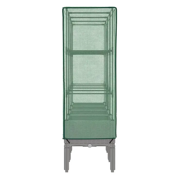 Furnicato Hochbeet Inklusive Gewächshaus-Aufsatz - 160 x 40 x 110 cm, Kunststoff, Hellgrau - Hohes, schmales grünes Netz-Gewächshaus mit mehreren Ablagen auf einem erhöhten grauen Pflanzenbeet.