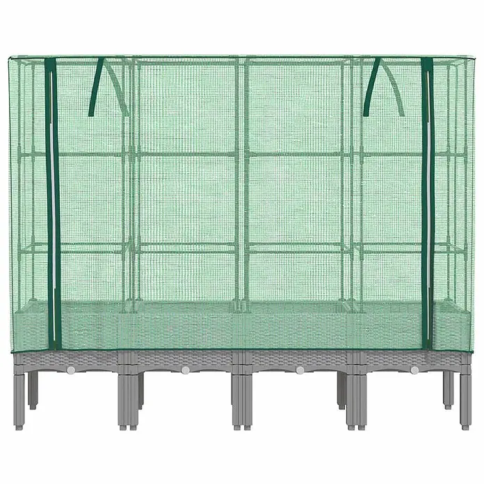 Furnicato Hochbeet Inklusive Gewächshaus-Aufsatz - 160 x 40 x 110 cm, Kunststoff, Hellgrau - Grünes Mini-Gewächshaus mit Netzabdeckung und grauem Hochbeet.