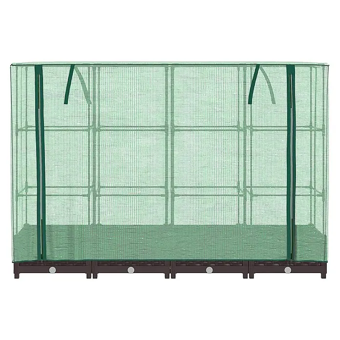 Furnicato Hochbeet Inklusive Gewächshaus-Aufsatz - 160 x 40 x 110 cm, Kunststoff, Braun - Kleines Gewächshaus mit grüner Netzabdeckung und dunkelbraunem Sockel.