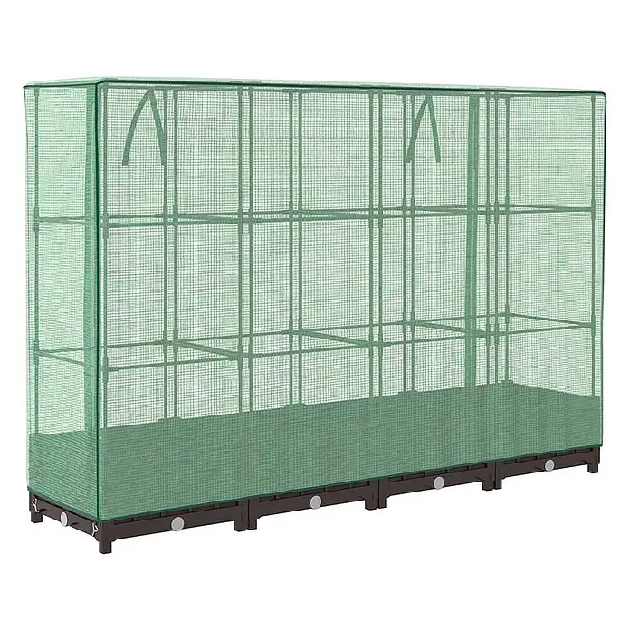 Furnicato Hochbeet Inklusive Gewächshaus-Aufsatz - 160 x 40 x 110 cm, Kunststoff, Braun - Langes grünes Netz-Gewächshaus mit mehreren Regalböden und dunkler Basis zur Pflanzenzucht.