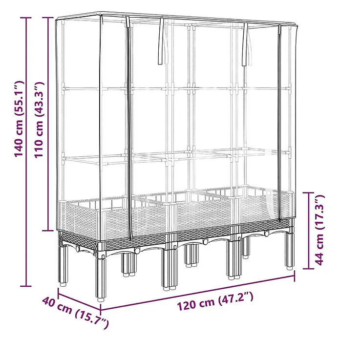 Furnicato Hochbeet Inklusive Gewächshaus-Aufsatz - 120 x 40 x 110 cm, Kunststoff, Weiß - Ein hohes transparentes Gewächshaus mit Metallrahmen und drei erhöhten Gartenbeeten in Rattan-Optik.