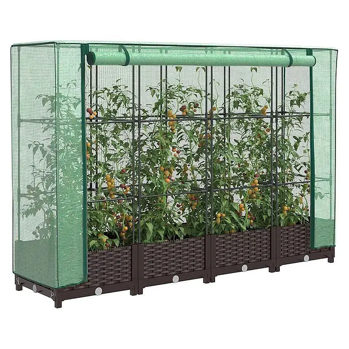 Furnicato Hochbeet Inklusive Gewächshaus-Aufsatz - 160 x 40 x 110 cm, Kunststoff, Braun - Grünes Netz-Gewächshaus mit schwarzem Rahmen über dunkelbraunen Rattan-Pflanzkästen, mit Tomatenpflanzen und aufrollbarer Front.