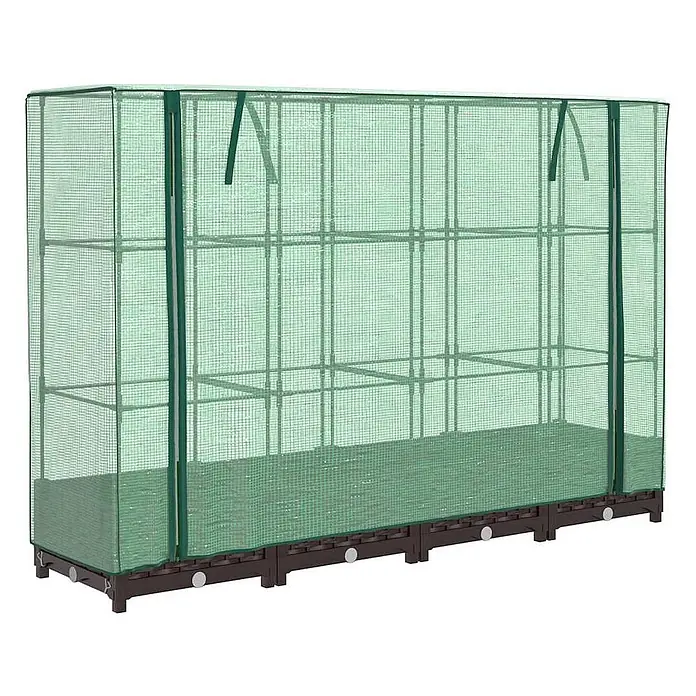 Furnicato Hochbeet Inklusive Gewächshaus-Aufsatz - 160 x 40 x 110 cm, Kunststoff, Braun - Grünes tragbares Gewächshaus mit dunkelbraunem Sockel, Netzabdeckung und internen Regalböden.
