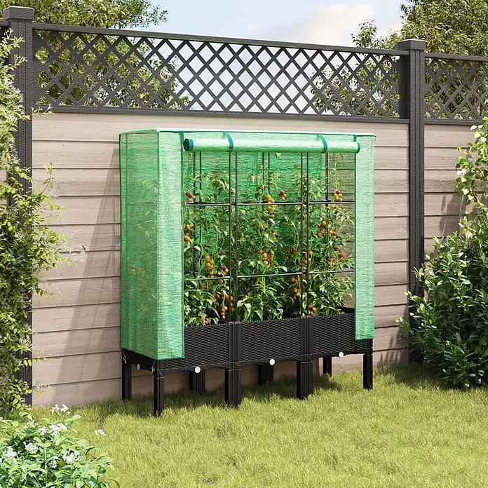 Furnicato Hochbeet Inklusive Gewächshaus-Aufsatz - 120 x 40 x 140 cm, Kunststoff, Schwarz - Schwarzes Hochbeet mit grüner Gewächshausabdeckung, voller reifender Tomaten im Garten.