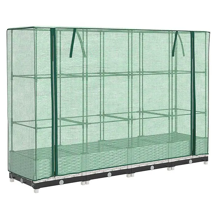 Furnicato Hochbeet Inklusive Gewächshaus-Aufsatz - 160 x 40 x 110 cm, Kunststoff, Weiß - Grünes Pflanzenanzuchthaus mit transparentem Netzbezug, mehreren Regalböden und dunklem Sockel.