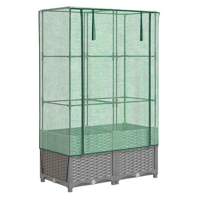 Furnicato Hochbeet Inklusive Gewächshaus-Aufsatz - 80 x 40 x 138 cm, Kunststoff, Hellgrau - Hochbeet mit grauem Rattan-Look-Sockel und grüner Netz-Gewächshausabdeckung.