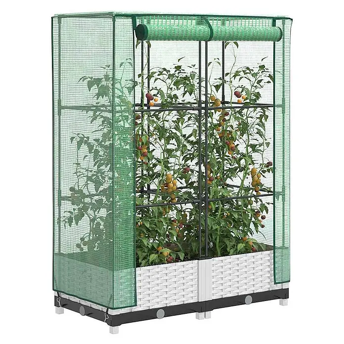 Furnicato Hochbeet Inklusive Gewächshaus-Aufsatz - 80 x 40 x 123 cm, Kunststoff, Weiß - Weißes Hochbeet in Rattan-Optik mit schwarzem Untergestell und grünem Netz-Gewächshausaufsatz für Tomatenpflanzen.