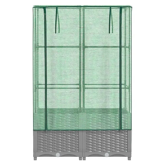 Furnicato Hochbeet Inklusive Gewächshaus-Aufsatz - 80 x 40 x 138 cm, Kunststoff, Hellgrau - Kompaktes Gewächshaus mit grünem Netzbezug und grauem Hochbeetunterbau.