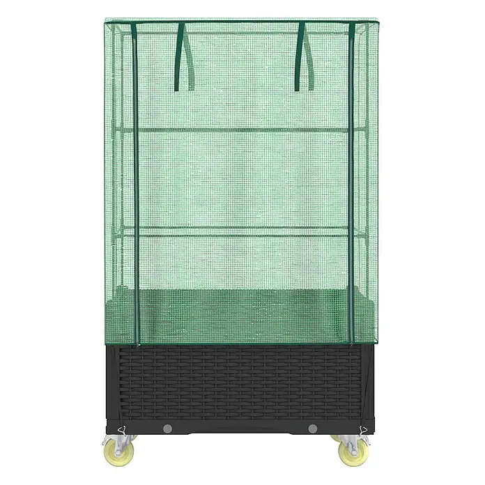 Furnicato Hochbeet Inklusive Gewächshaus-Aufsatz - 80 x 50 x 182 cm, Kunststoff, Schwarz - Mobiles Mini-Gewächshaus mit durchscheinender grüner Netzabdeckung, Einlegeböden und dunklem Geflechtunterteil auf Rollen.