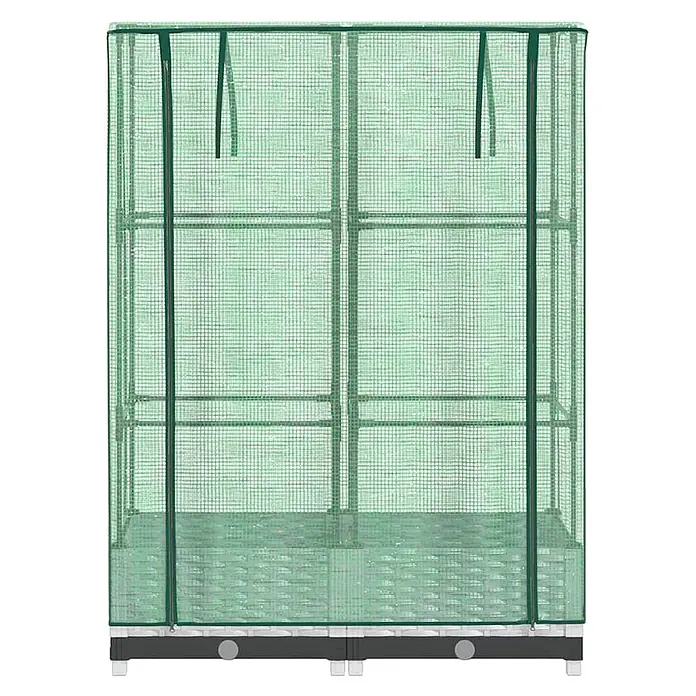 Furnicato Hochbeet Inklusive Gewächshaus-Aufsatz - 80 x 40 x 123 cm, Kunststoff, Weiß - Grünes, tragbares Mini-Gewächshaus mit transparenter Netzabdeckung, mehreren Regalen und dunklem Sockel.
