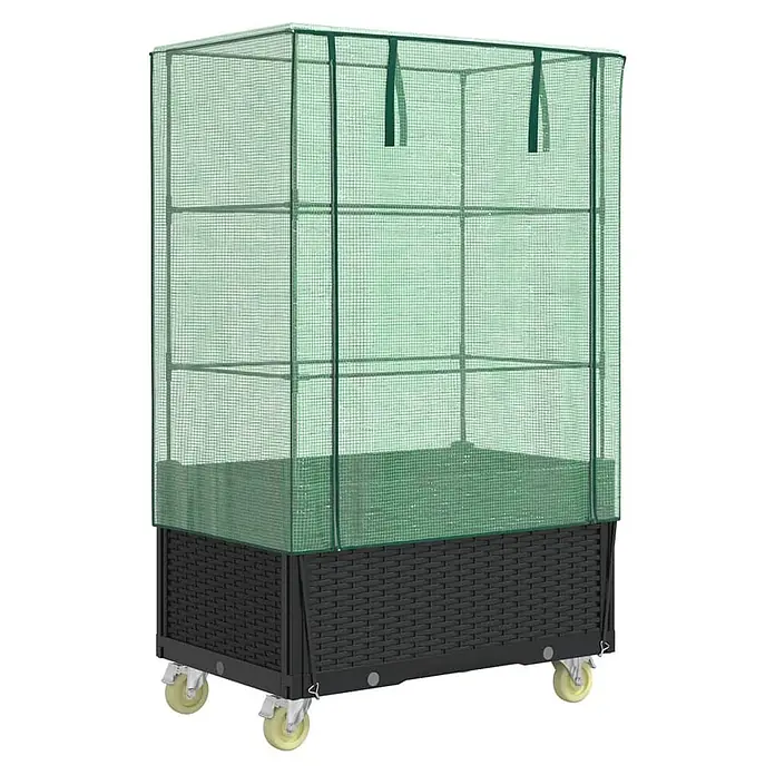 Furnicato Hochbeet Inklusive Gewächshaus-Aufsatz - 80 x 50 x 182 cm, Kunststoff, Schwarz - Mobiles Hochbeet mit schwarzem Rattan-Look-Unterbau und grünem lichtdurchlässigem Gewächshausüberzug auf Rollen.