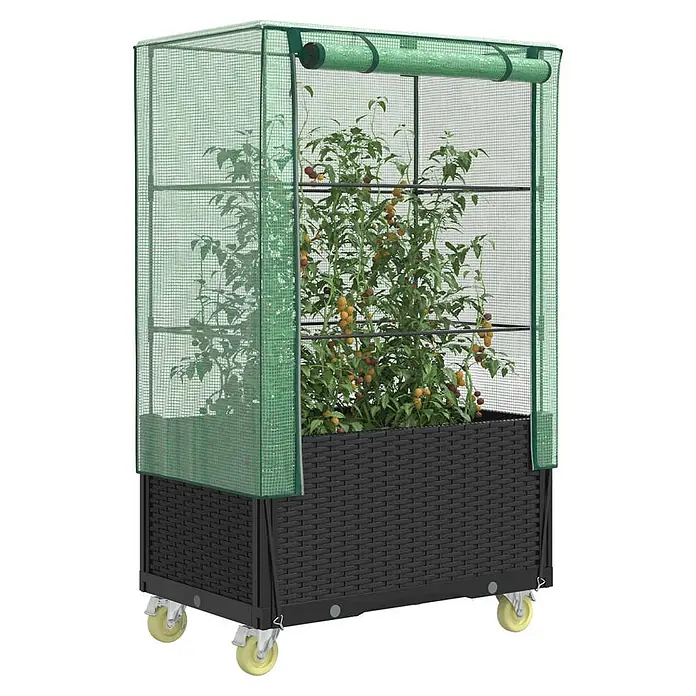 Furnicato Hochbeet Inklusive Gewächshaus-Aufsatz - 80 x 50 x 182 cm, Kunststoff, Schwarz - Schwarzes Hochbeet in Rattan-Optik mit grünem Netz-Gewächshaus und Pflanze darin, auf Rollen.