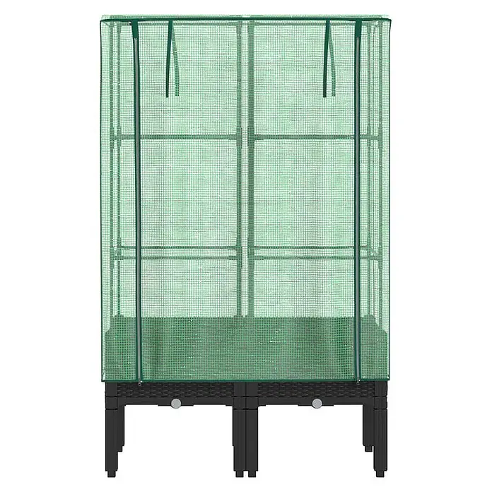 Furnicato Hochbeet Inklusive Gewächshaus-Aufsatz - 80 x 40 x 110 cm, Kunststoff, Schwarz - Hochbeet-Gewächshaus mit grüner transparenter Netzabdeckung und dunklem Untergestell.