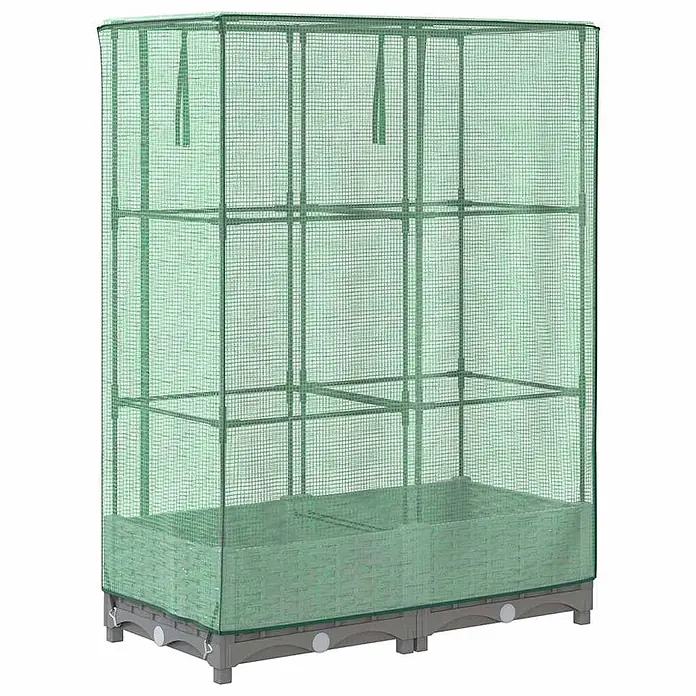 Furnicato Hochbeet Inklusive Gewächshaus-Aufsatz - 80 x 40 x 123 cm, Kunststoff, Hellgrau - Hohes grünes Netz-Gewächshaus mit Metallrahmen und zwei integrierten Hochbeeten auf grauem Sockel.