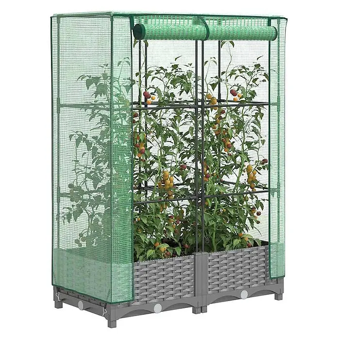 Furnicato Hochbeet Inklusive Gewächshaus-Aufsatz - 80 x 40 x 123 cm, Kunststoff, Hellgrau - Grünes Gitter-Gewächshaus mit grauem Rattan-Pflanzkasten, gefüllt mit Tomatenpflanzen.