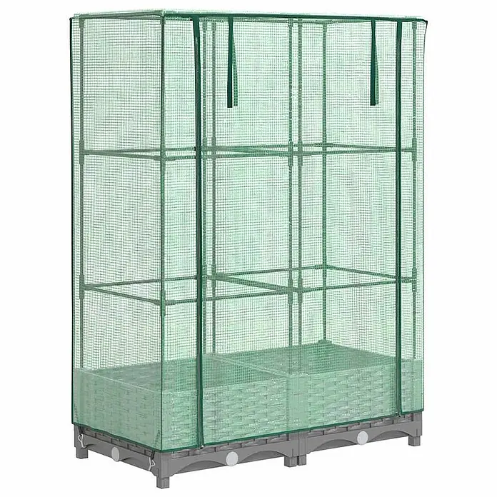 Furnicato Hochbeet Inklusive Gewächshaus-Aufsatz - 80 x 40 x 123 cm, Kunststoff, Hellgrau - Grünes, tragbares Gewächshaus mit Netzabdeckung, Regalen und grauem Unterbau.