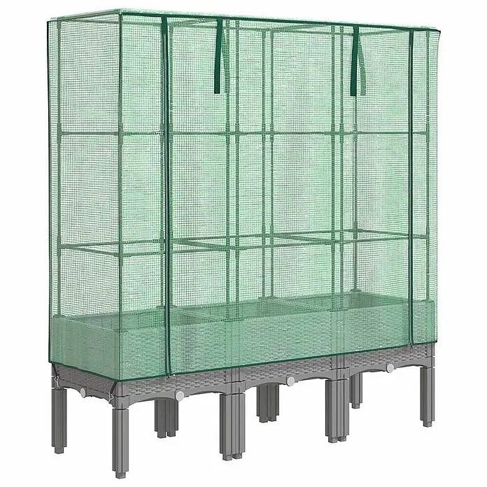 Furnicato Hochbeet Inklusive Gewächshaus-Aufsatz - 120 x 40 x 140 cm, Kunststoff, Hellgrau - Grüner, durchsichtiger Gewächshausaufsatz über einem erhöhten Hochbeet mit Korbgeflecht-Muster und grauen Beinen.