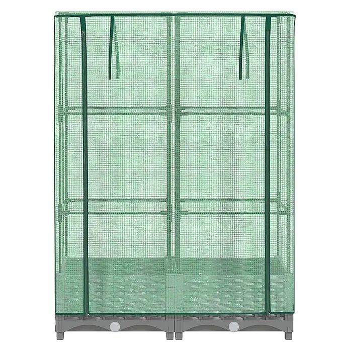 Furnicato Hochbeet Inklusive Gewächshaus-Aufsatz - 80 x 40 x 123 cm, Kunststoff, Hellgrau - Grünes Mini-Gewächshaus mit Netzabdeckung und Regalen auf grauem Sockel.