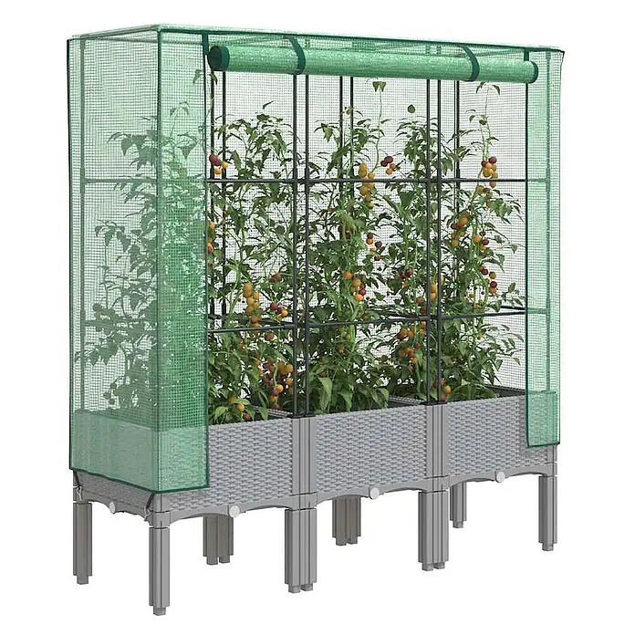 Furnicato Hochbeet Inklusive Gewächshaus-Aufsatz - 120 x 40 x 140 cm, Kunststoff, Hellgrau - Graues Hochbeet im Rattan-Stil mit grünem Netz-Gewächshaus und Rankgittern, ideal für den Gemüseanbau.