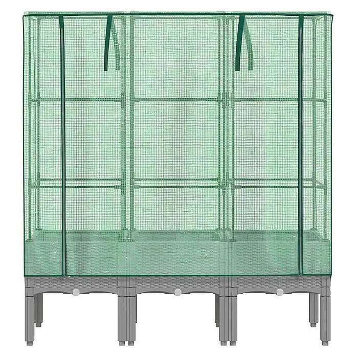 Furnicato Hochbeet Inklusive Gewächshaus-Aufsatz - 120 x 40 x 140 cm, Kunststoff, Hellgrau - Grüner Netz-Gewächshausaufsatz auf einem grauen erhöhten Kunststoff-Gartenbeet.