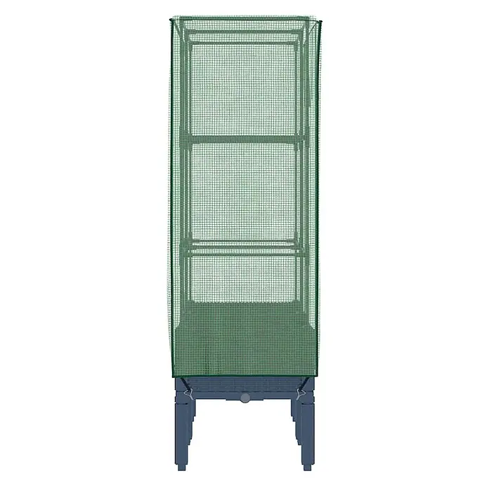 Furnicato Hochbeet Inklusive Gewächshaus-Aufsatz - 80 x 40 x 140 cm, Kunststoff, Blaugrau - Grünes Netz-Minigewächshaus mit mehreren Metallebenen, auf einem blauen Hochbeet.