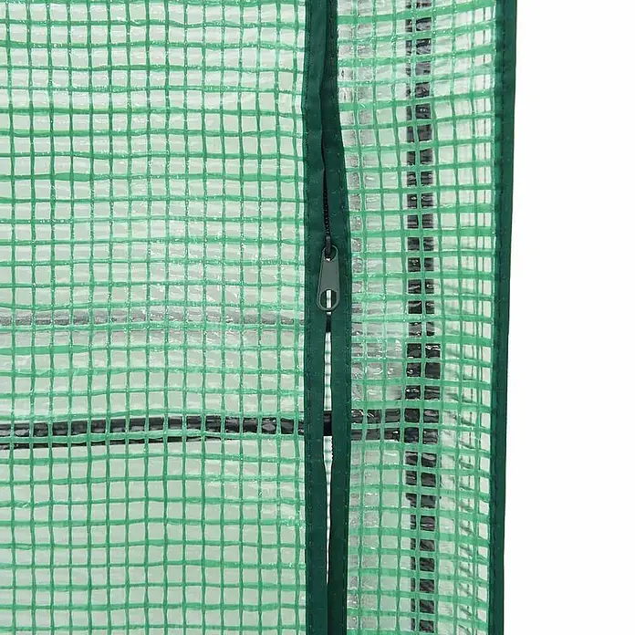 Furnicato Hochbeet Inklusive Gewächshaus-Aufsatz - 120 x 40 x 138 cm, Kunststoff, Braun - Nahaufnahme einer transparenten Gewächshausabdeckung mit grünem Gittermuster und dunkelgrünem Reißverschluss.