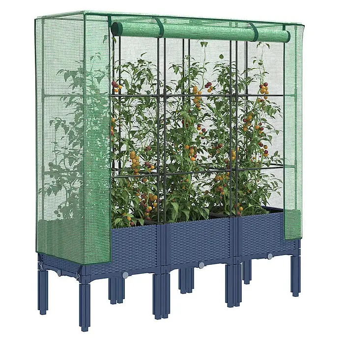 Furnicato Hochbeet Inklusive Gewächshaus-Aufsatz - 120 x 40 x 140 cm, Kunststoff, Blaugrau - Blaues Hochbeet in Rattanoptik mit Rankgitter und grünem Netz-Gewächshausaufsatz, gefüllt mit Tomatenpflanzen.