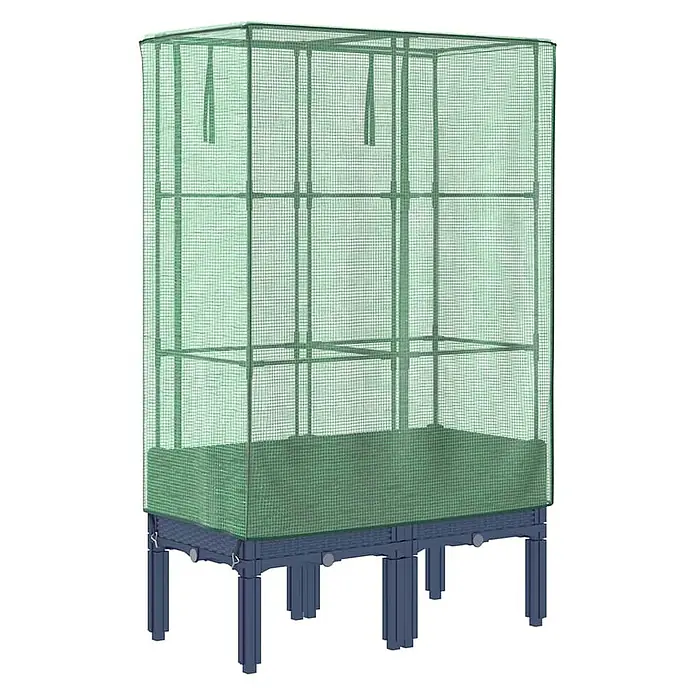 Furnicato Hochbeet Inklusive Gewächshaus-Aufsatz - 80 x 40 x 140 cm, Kunststoff, Blaugrau - Erhöhtes dunkelblaues Pflanzgefäß mit grüner Mesh-Gewächshausabdeckung und Beinen.