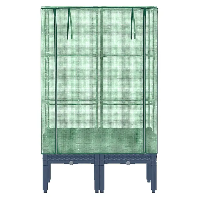 Furnicato Hochbeet Inklusive Gewächshaus-Aufsatz - 80 x 40 x 140 cm, Kunststoff, Blaugrau - Hochbeet mit lichtdurchlässiger grüner Netz-Gewächshausabdeckung auf einem dunkelgrauen Flechtwerk-Unterbau.