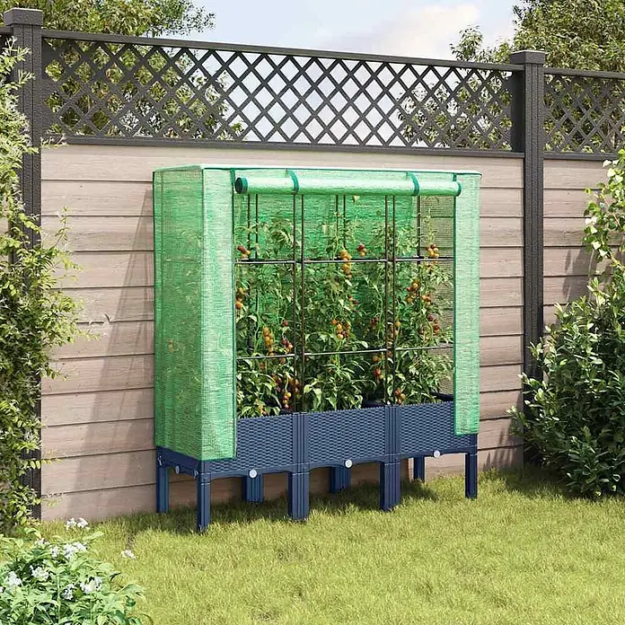 Furnicato Hochbeet Inklusive Gewächshaus-Aufsatz - 120 x 40 x 140 cm, Kunststoff, Blaugrau - Blaues Hochbeet mit grünem transparentem Gewächshausabdeckung, gefüllt mit Tomatenpflanzen, im Garten.