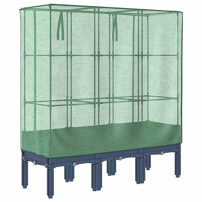 Furnicato Hochbeet Inklusive Gewächshaus-Aufsatz - 120 x 40 x 140 cm, Kunststoff, Blaugrau - Grünes Hochbeet mit Netzabdeckung und dunkelgrauem Unterbau.