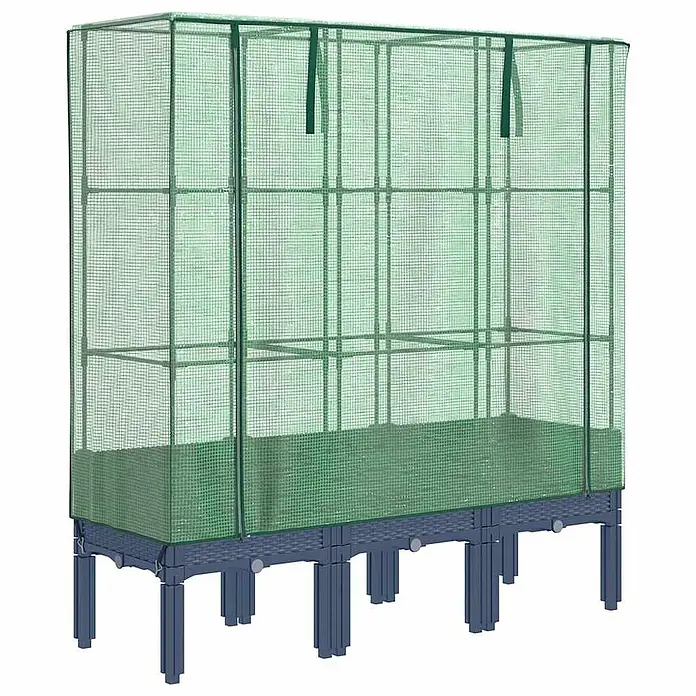 Furnicato Hochbeet Inklusive Gewächshaus-Aufsatz - 120 x 40 x 140 cm, Kunststoff, Blaugrau - Erhöhtes Hochbeet mit dunkelgrauer Basis und grünem, halbtransparentem Gewächshaus-Überzug.