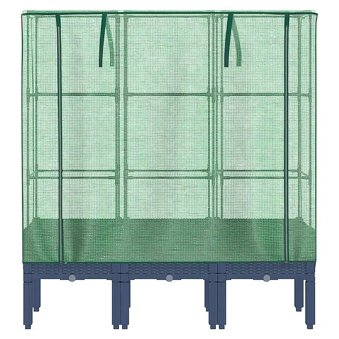 Furnicato Hochbeet Inklusive Gewächshaus-Aufsatz - 120 x 40 x 140 cm, Kunststoff, Blaugrau - Grüne Mini-Gewächshaus-Netzabdeckung mit Reißverschlüssen auf einem dunkelgrauen Hochbeet mit Beinen.