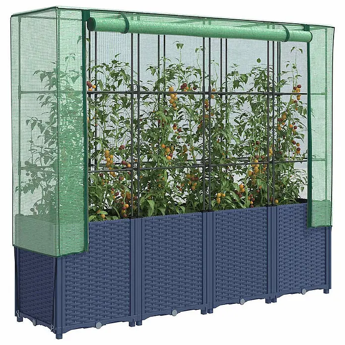 Furnicato Hochbeet Inklusive Gewächshaus-Aufsatz - 160 x 40 x 110 cm, Kunststoff, Blaugrau - Dunkelblaues Hochbeet in Rattan-Optik mit grünem Netz-Gewächshaus und Rankhilfe für Pflanzen.