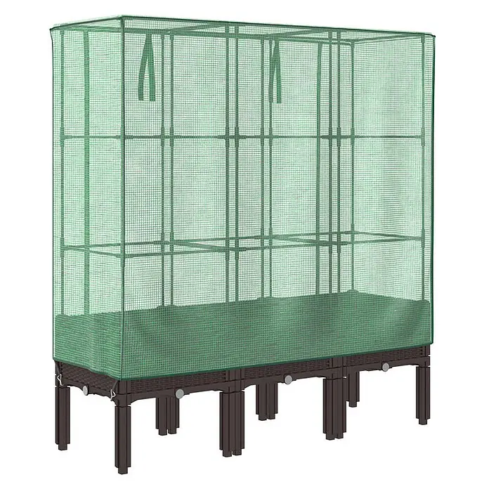 Furnicato Hochbeet Inklusive Gewächshaus-Aufsatz - 120 x 40 x 110 cm, Kunststoff, Braun - Hochbeet mit braunem Untergestell und grünem Netzbezug.