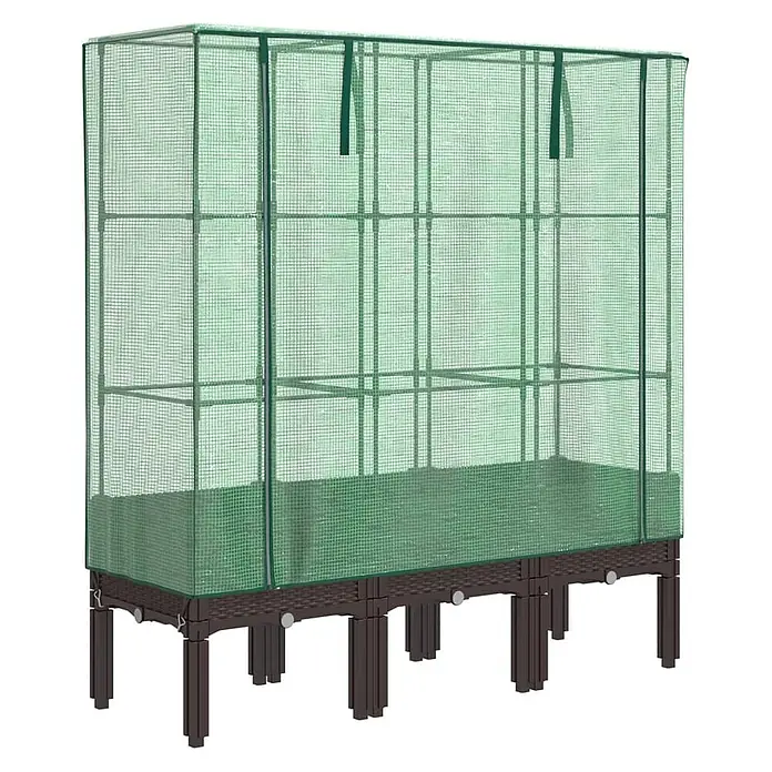 Furnicato Hochbeet Inklusive Gewächshaus-Aufsatz - 120 x 40 x 110 cm, Kunststoff, Braun - Hochbeet mit grüner Netz-Gewächshausabdeckung und braunem Geflechtboden.