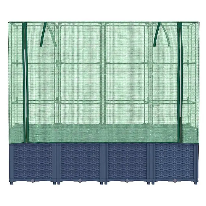 Furnicato Hochbeet Inklusive Gewächshaus-Aufsatz - 160 x 40 x 110 cm, Kunststoff, Blaugrau - Hochbeet mit dunkelgrauer Rattan-Optik-Basis und transparenter grüner Netz-Gewächshausabdeckung zum Pflanzen.