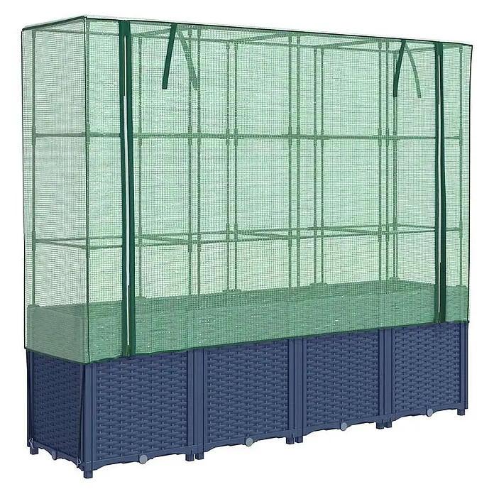Furnicato Hochbeet Inklusive Gewächshaus-Aufsatz - 160 x 40 x 110 cm, Kunststoff, Blaugrau - Hochbeet mit dunkelblauer Rattanoptik-Basis und grünem Netz-Gewächshausüberzug.